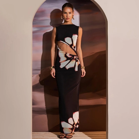 Dames Maxi Jurk Met Bloemenprint Mouwloos Slanke Pasvorm Sexy Vintage Streetwear Polyester Spandex Avondfeest Lange Jurk