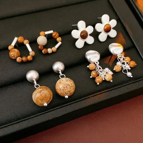 Vintage Floral Stud Earrings With Tiger Eye Stone And Copper Metal Geometric Beaded Design With Silver Earring Post