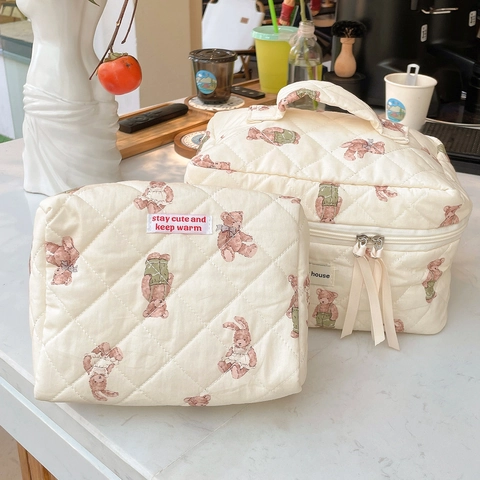 Gesteppte Baumwolle Kosmetiktasche WaldBär Hase Muster Große Kapazität Kosmetikbeutel Kawaii Reise Aufbewahrung Organizer Für Frauen