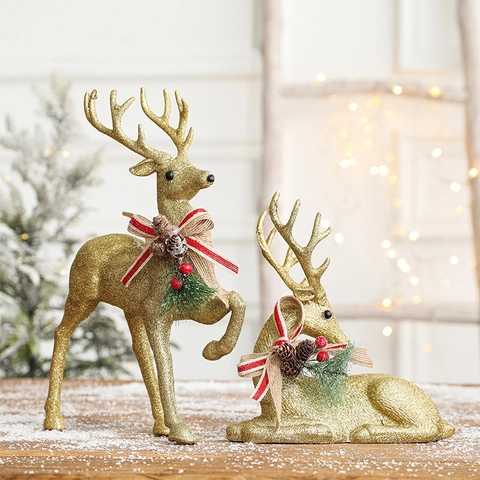 Statuette Renna Natale Glitter Schiuma Floccato Statue Alce Pigna Fiocco Decorazione Tavolo Casa Vacanze Ornamenti