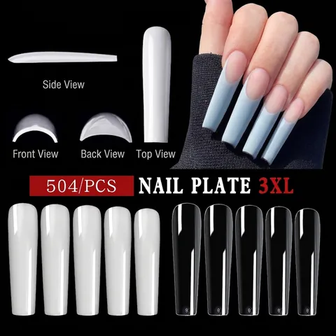 504 Pezzi 3XL Extra Lunghi Unghie a Pressione Ballerina Coffin Copertura Totale Trasparenti Bianco Naturale ABS Unghie Finte Per Donna Nail Art DIY
