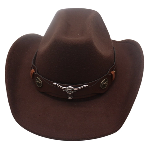 Western Cowboy Hat Felt Wide Brim With Leather Band Metal Bull Head Longhorn Decor Vintage Sun Shade Unisex