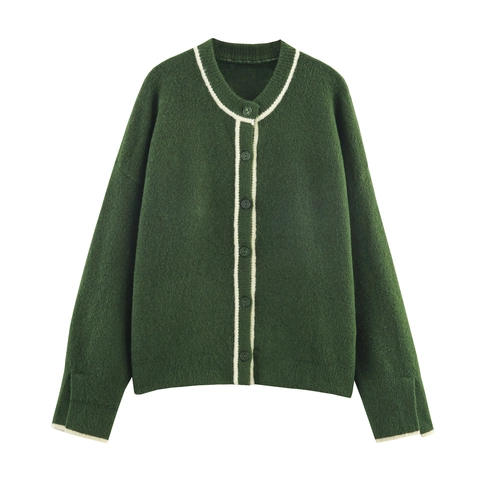 Cardigan In Maglia Da Donna Bordo A Contrasto Girocollo Manica Lunga Bottoni Casual Elegante