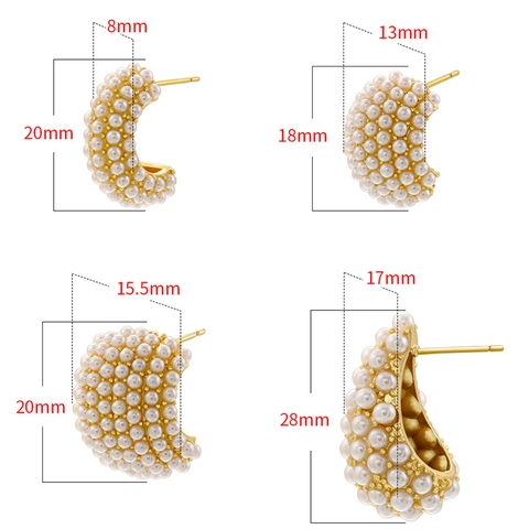 Vintage C Shape Stud Earrings With Pavé Imitation Artificial Pearls Brass Hollow Water Drop Elegant Commuter Jewelry For Women