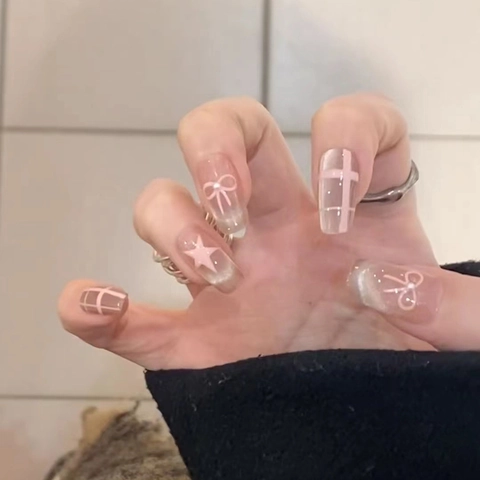 Pink Cat Eye Press On Nails With Bow Star Glitter Artificial Pearl Decorations Handmade Trapezoid False Nails For Women Sweet Elegant