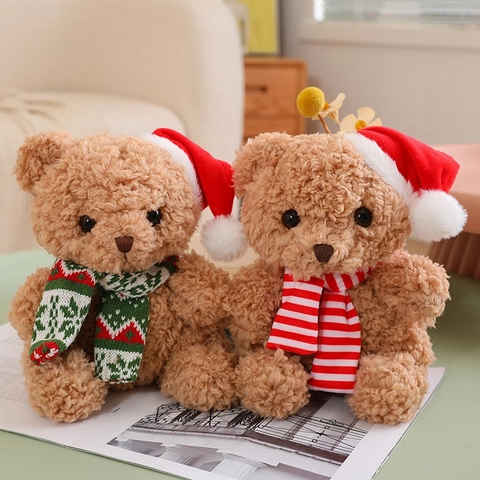 Christmas Teddy Bear Plush Toy Soft Stuffed Animal With Santa Hat And Scarf Festive Holiday Party Home Decor Gift For Kids