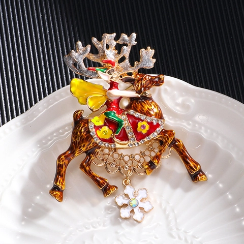 Broche de Reno de Navidad Vintage con Elfo para Mujeres Hombres Aleación de Zinc Multicolor Esmalte Strass Colgante de Copo de Nieve Joyería de Fiesta Regalo