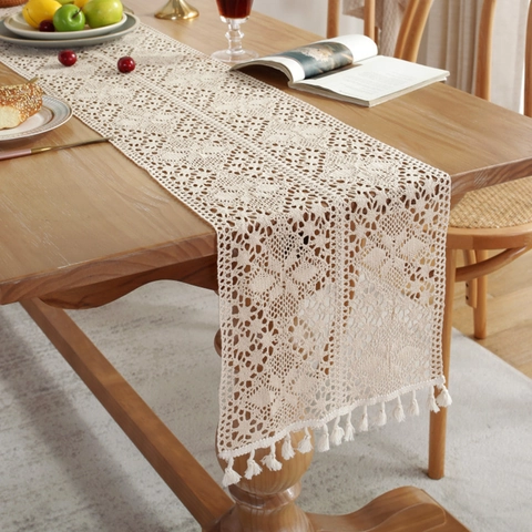 Crochet Lace Table Runner Cotton Linen Hollow Floral Pattern With Tassels Boho Retro Farmhouse Dining Decor