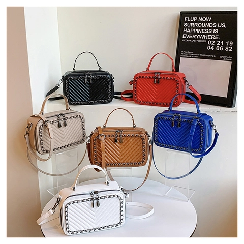 Borsa a Mano Vintage in Pelle PU Trapuntata Per Donna Decorazione Catena Metallo Borsa a Tracolla Piccola Borsa Quadrata con Doppia Cerniera