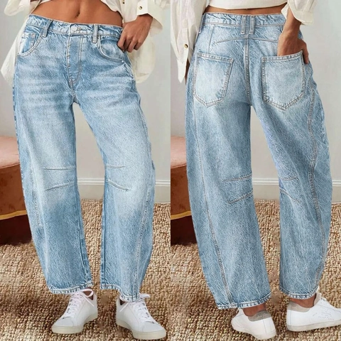 Damen High Waisted Wide Leg Denim Jeans Loose Fit Retro Gerade Gebogene Lange Hose Streetwear Baumwollmischung