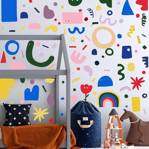 Wandaufkleber PVC Selbstklebend Buntes Geometrisches Muster Abstrakt Cartoon Kleine Monster Für Kinderzimmer Schlafzimmer Dekor