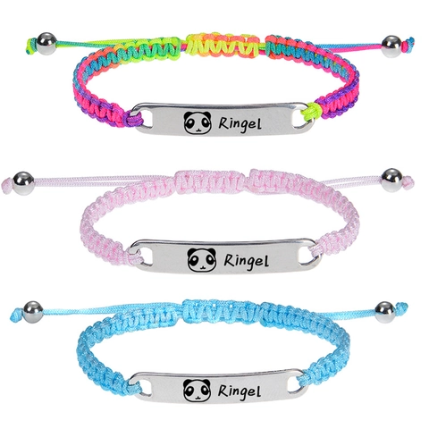 Kids Stainless Steel ID Plate Braided Bracelet Adjustable Rope Jewelry For Children Infants Cartoon Panda Pattern