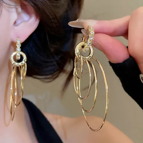 Boucles D'oreilles Pendantes Multi Cercles Concentriques Alliage Strass Doré Rétro Exagéré Bijoux De Créateur Pour Femmes
