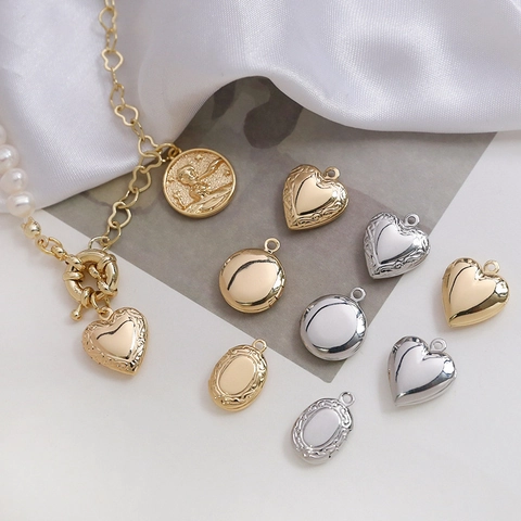 Ciondolo Medaglione Per Foto Cuore Ovale Rotondo Rame Placcato Oro 18K Fai Da Te Collana Bracciale Gioielli Accessori