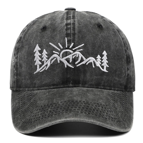 Vintage Washed Cotton Baseball Cap With Mountain Sun Pine Tree Embroidery Distressed Adjustable Outdoor Sun Hat For Men Women