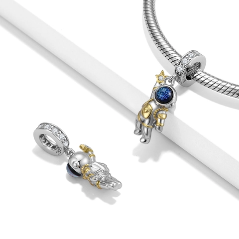 Astronaut Spaceman Charm 925 Sterling Silber Zirkonia Vergoldet Blau Emaille Stern Anhänger DIY Schmuckherstellung