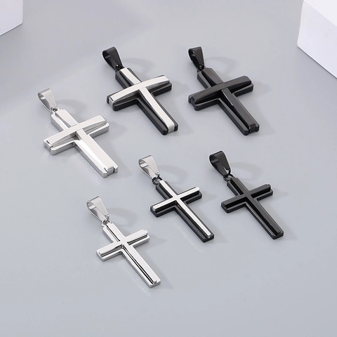 Stainless Steel Double Layer Cross Pendant Necklace Minimalist Punk Style Religious Jewelry For Men Women Unisex Gift