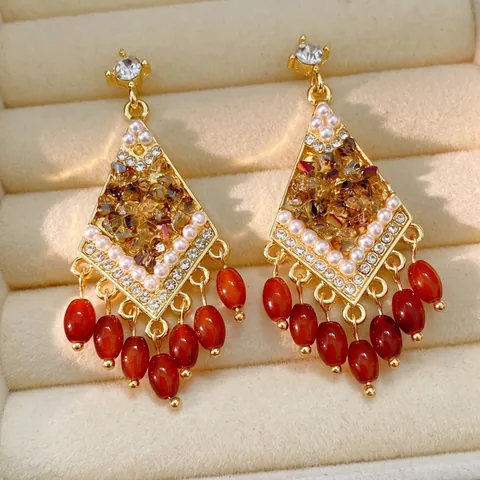 Pendientes de Borla de Vidrio en Forma de Rombo de Estrás de Aleación Vintage Pendientes de Perlas Artificiales Joyería