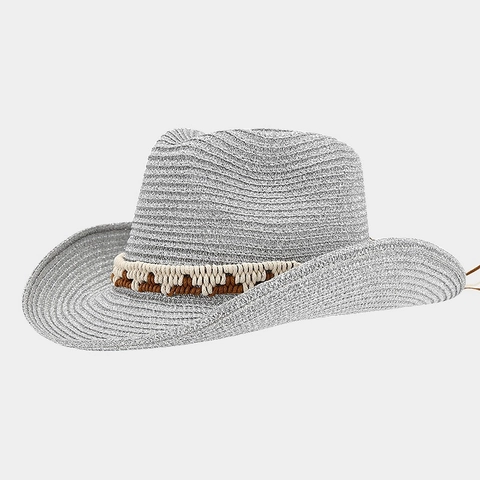 Dames Westerse Cowboyhoed Stro Gevlochten Metaalachtig Glanzend Zonbescherming Strandvakantie Brede Rand