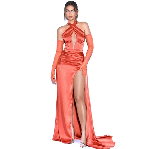 Satijnen Halter Backless Avondjurk Maxi Met Split En Lange Handschoenen Elegante Koraal Formele Jurk Voor Gala Feest