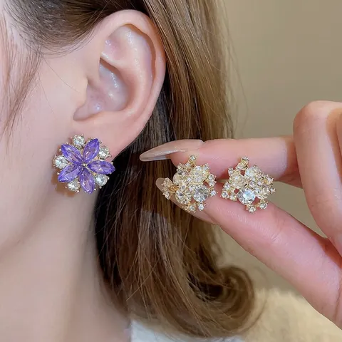 Boucles Oreilles Fleur Violette Alliage Strass Avec Tige En Argent Sterling 925 Bijoux Mode Floraux Elégants Femme