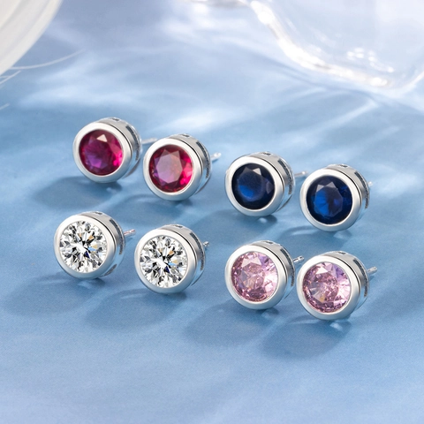 Round Zircon Stud Earrings Silver Plated Copper Simple Bezel Set Small Sparkling Jewelry For Women Elegant
