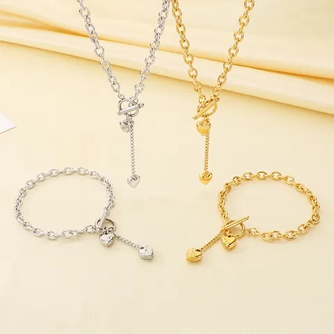 Collana E Bracciale Con Ciondolo A Cuore In Acciaio Inossidabile Chiusura A Gancio Fibbia OT Gioielli Di Moda Per Donna