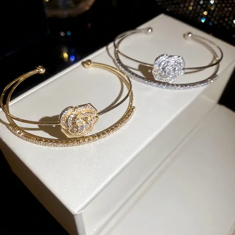 Rose Flower Double Layer Open Bangle Sparkly Zircon Inlaid Copper Bracelet Elegant Jewelry For Women Luxury Shiny Accessory