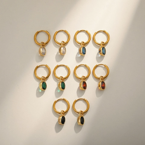 Boucles d'Oreilles Créoles en Acier Inoxydable Plaqué Or 18K Avec Pendentif Amovible en Strass Ovale Bijoux Femme Style Français