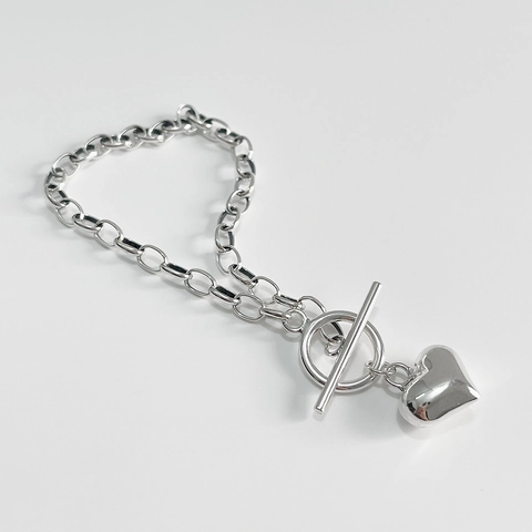 925 Sterling Silver Heart Pendant Bracelet Minimalist Oval Link Chain With Toggle Clasp