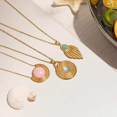 Vintage Geometric Pendant Necklace Stainless Steel 18K Gold Plated Resin Colorful Stone Jewelry For Women Waterproof