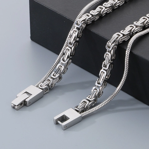 Collana Doppio Strato Da Uomo In Acciaio Inossidabile Ciondolo Rettangolare Lucidato A Specchio Catena Bizantina E Serpente