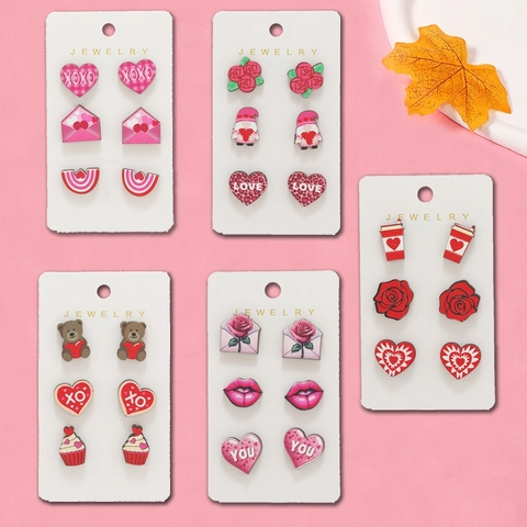 Valentine's Day Wood Stud Earrings Heart Rose Gnome Bear Printed Trendy Holiday Jewelry For Women