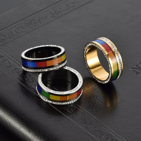 Rainbow Enamel Stainless Steel Band Ring With Double Row Cubic Zirconia Personalized Fashion Jewelry For Men Women