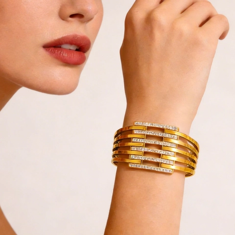 Stainless Steel Hollow Geometric Line Rhinestone Spring Open Bangle Gold Plated Pave Rhinestone Bangle Bracelet For Women Jewelry