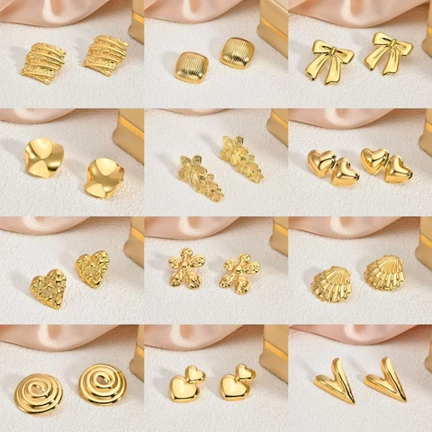 Fashion 18K Gold Plated Stainless Steel Stud Earrings For Women Minimalist Geometric Floral Shell Star Heart Earrings Jewelry Gift