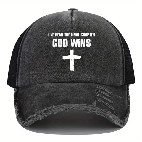 Cappello Da Baseball Trucker In Cotone Lavato Invecchiato Con Rete Posteriore Croce Religiosa Stampa God Wins