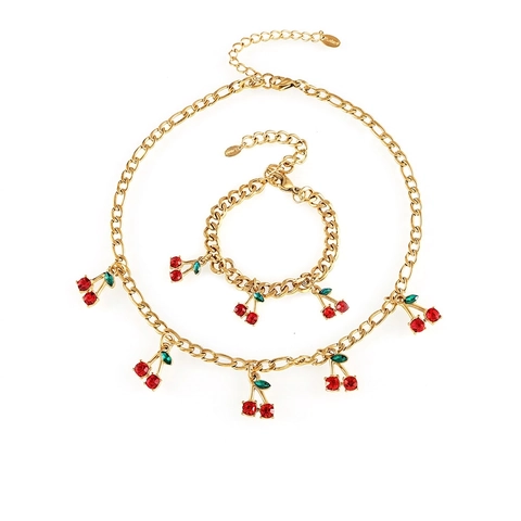 Gioielli Ciliegia Collana E Bracciale Acciaio Inossidabile Dorato Cristallo Vetro Rosso Pendente Frutta Per Donna Moda