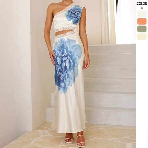 Abito Maxi In Satine Monospalla Girovita Con Apertura Pizzo Patchwork Stampa Floreale Senza Maniche Vacanze Estive Orlo Sirena