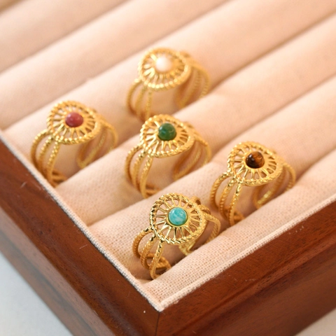 Vintage Stainless Steel Open Ring For Women Men Bohemian Natural Stone Inlaid Sun Mandala Adjustable Geometric Finger Ring Jewelry