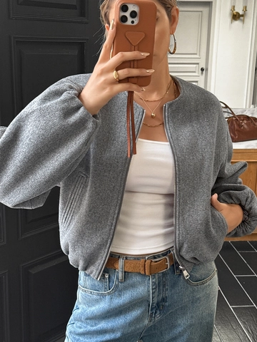 Women Short Zipper Jacket Fleece Texture Lantern Sleeve Casual Solid Color Autumn Loose Coat