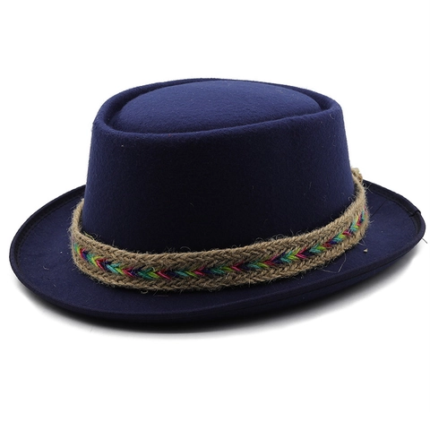 Vintage Wool Felt Pork Pie Fedora Hat With Colorful Ethnic Braided Band British Style Flat Top For Men Women