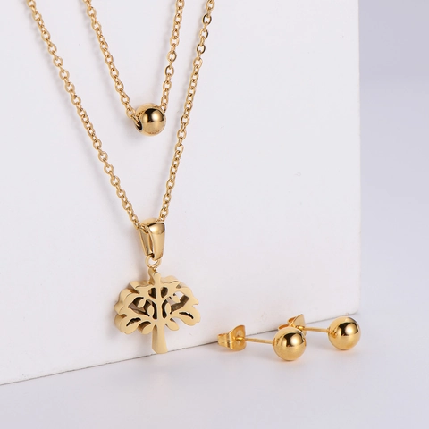 Bijoux Arbre De Vie Acier Inoxydable Collier Double Rang Et Boucles D'oreilles Puces Boule Pour Femme
