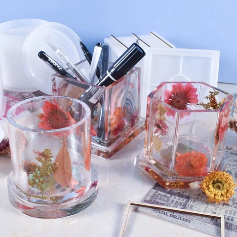 Silikonformen Für Harzguss Rund Quadratisch Sechseckig DIY Stifthalter Untersetzer Blumentopf Schreibtisch Organizer Handwerk