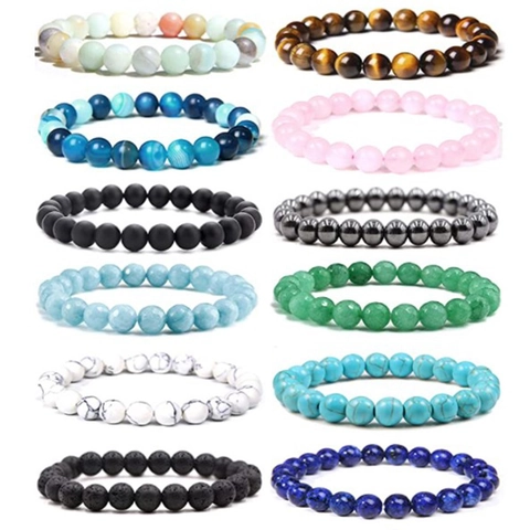 Natural Stone Beaded Bracelets Tigers Eye Rose Quartz Lava Rock Elastic Stretch Yoga Healing Fashion For Women Men