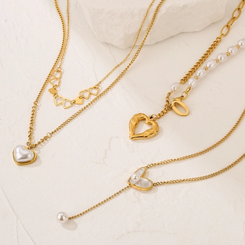 Elegante Collana Con Ciondolo A Cuore In Acciaio Al Titanio Con Madreperla E Künstliche Perle Sintetiche Catena A Doppio Strato