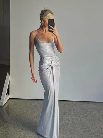 Zilveren Metallic Maxi-Jurk Met Spaghettibandjes Geplooide Knoopmiddel Slim Fit Sexy Avondfeest Vloerlengte Polyester