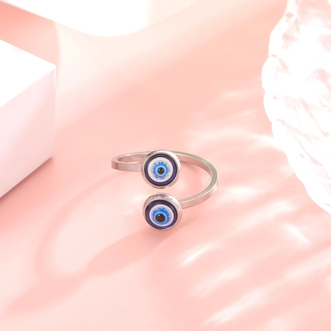 Evil Eye Ring Stainless Steel Adjustable Open Band Double Eyes Ethnic Fashion Amulet Jewelry For Women Men