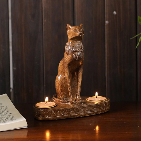 Egyptian Bastet Cat Goddess Candle Holder Vintage Resin Double Hole Tea Light Stand Ancient Mythology Home Decor