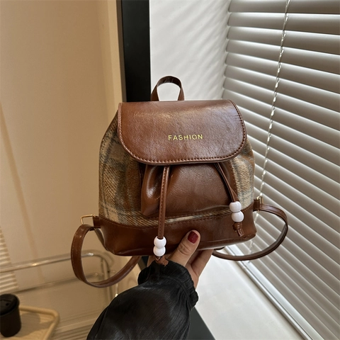 Retro Plaid Mini Backpack For Women PU Leather Contrast Color Drawstring Closure Stylish Casual Fashion Daypack